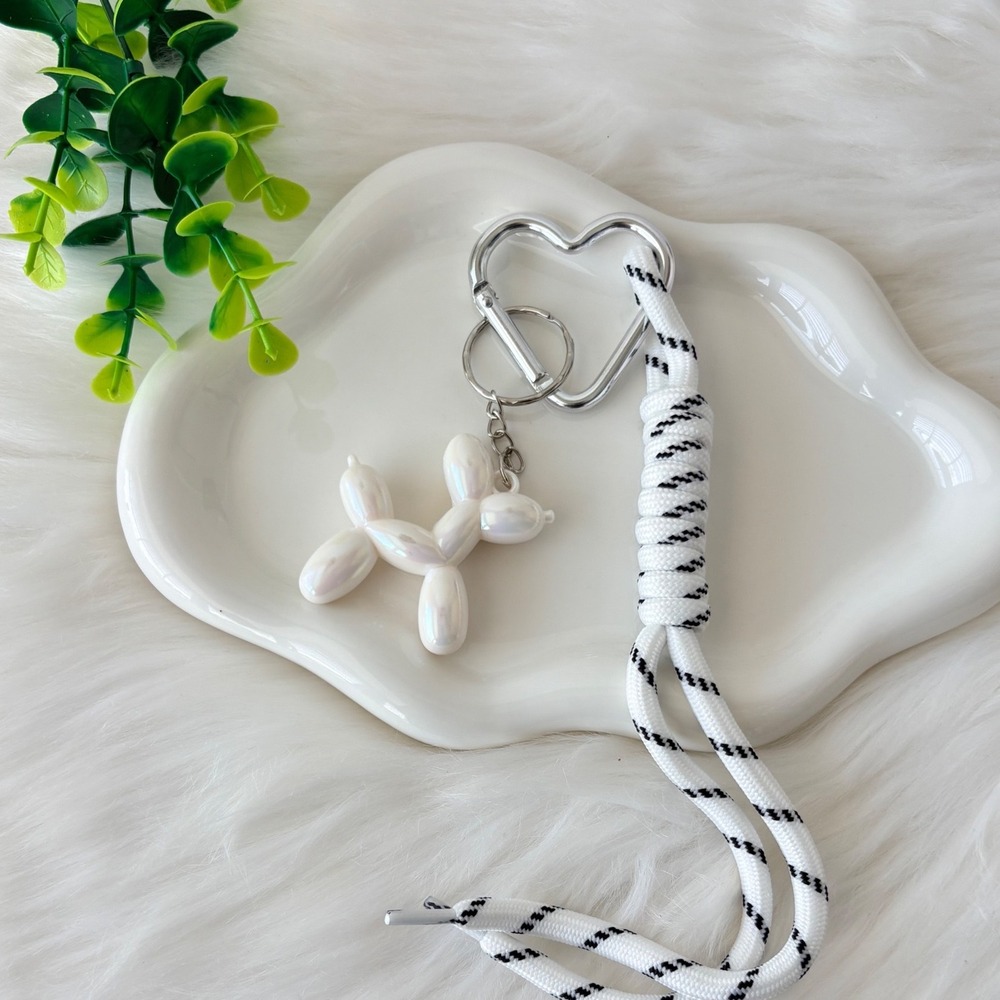White Iridescent Balloon Dog Keychain/ Bag Charm with Braided Lanyard
